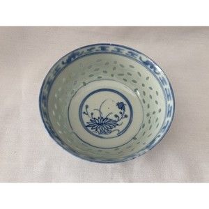 antique Chinese blue & white hand painted porcelain rice eye grain bowl marked